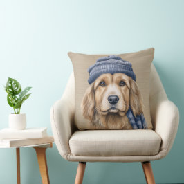 BROWN & WHITY SHAGGY HUND MED BLÅHAT KUDDE