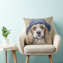 BROWN & WHITY SHAGGY HUND MED BLÅHAT KUDDE
