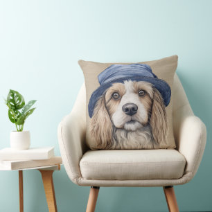 BROWN & WHITY SHAGGY HUND MED BLÅHAT KUDDE