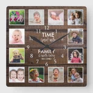 Brown Wood 12 Photo Template Time Family Quote Fyrkantig Klocka