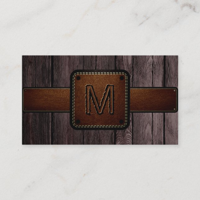Brown Wood Brown Leather Se Monogram Visitkort (Framsida)