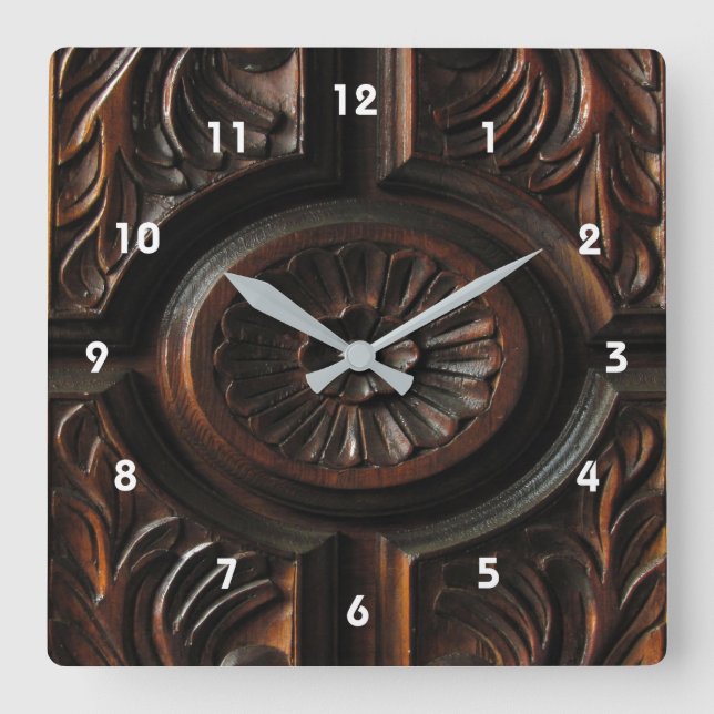 Brown Wood Carving Clock Fyrkantig Klocka (Framsida)