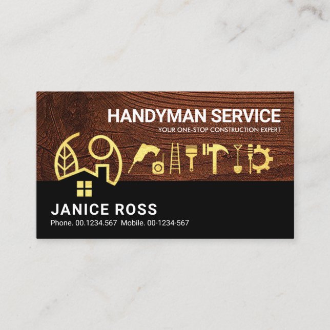 Brown Wood Guld Home Handyman Verktyg Visitkort (Framsida)