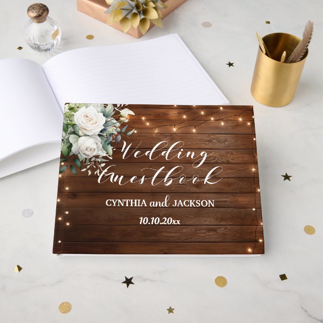 Brown Wood Rustic String Ljus Blommigt Bröllop Gästböcker (Framsida Öppen)