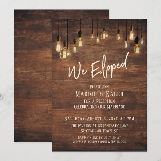 Brown Wood Wall med Edison Ljus, vi Elope Inbjudningar (Fram/baksida)