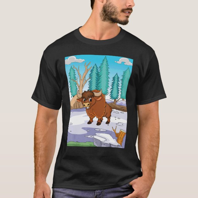 Brown Yak i Fält i Snö-Redot till Cha T Shirt (Framsida)