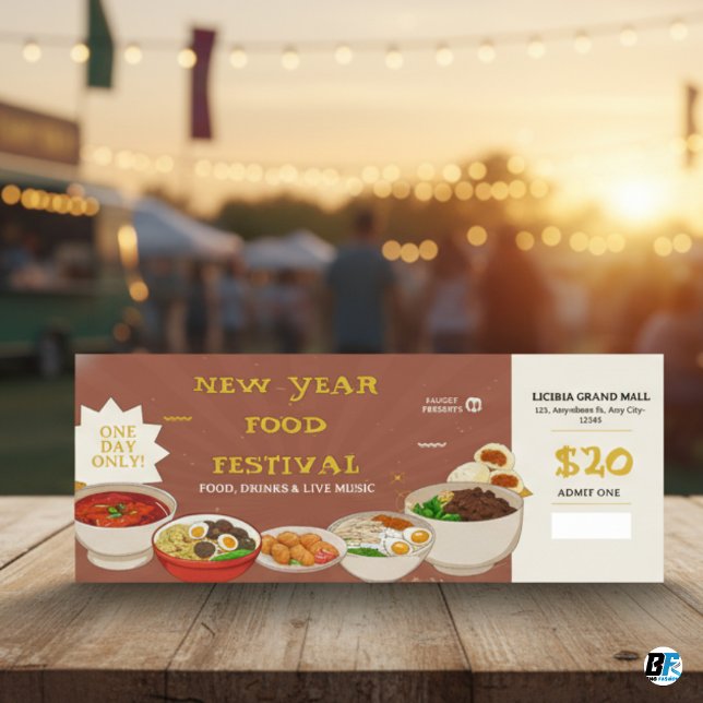 Brown - Yellow New Year Food Festival Ticket Inbjudningar (Entry Pass Ticket)