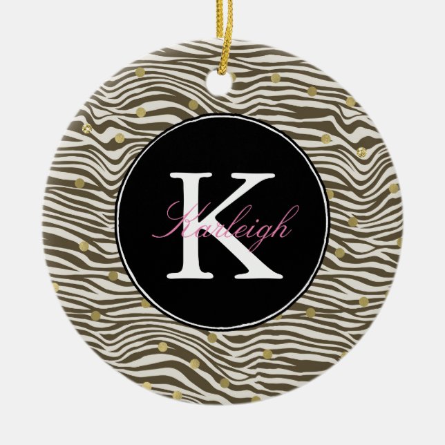 Brown Zebra tryck Guld Confetti Monogram Julgransprydnad Keramik (Framsidan)