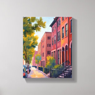 Brownstone City Street Boston Brick Akvarell Canvastryck
