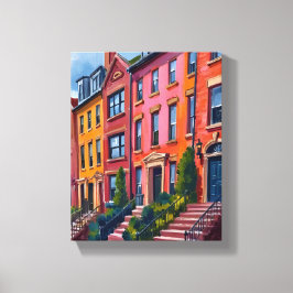 Brownstone City Street Watercolor Painting Canvastryck