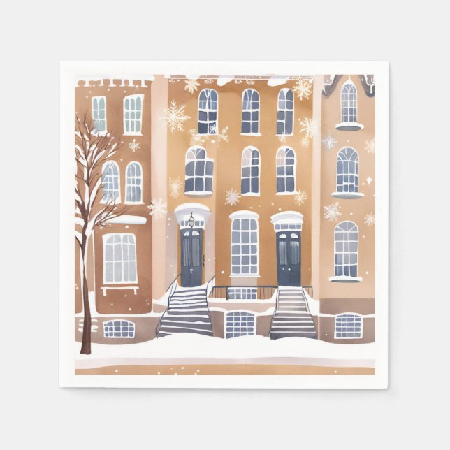 Brownstone Homes | Snowy City Street Watercolor Pappersservett (Framsidan)