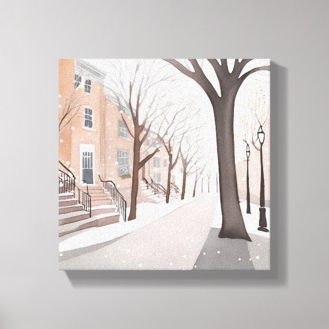 Brownstone Street | Snowy Winter Watercolor Canvastryck (Framsida)