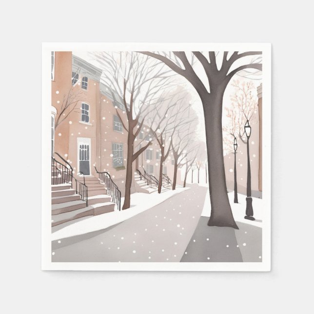 Brownstone Street | Snowy Winter Watercolor Pappersservett (Framsidan)
