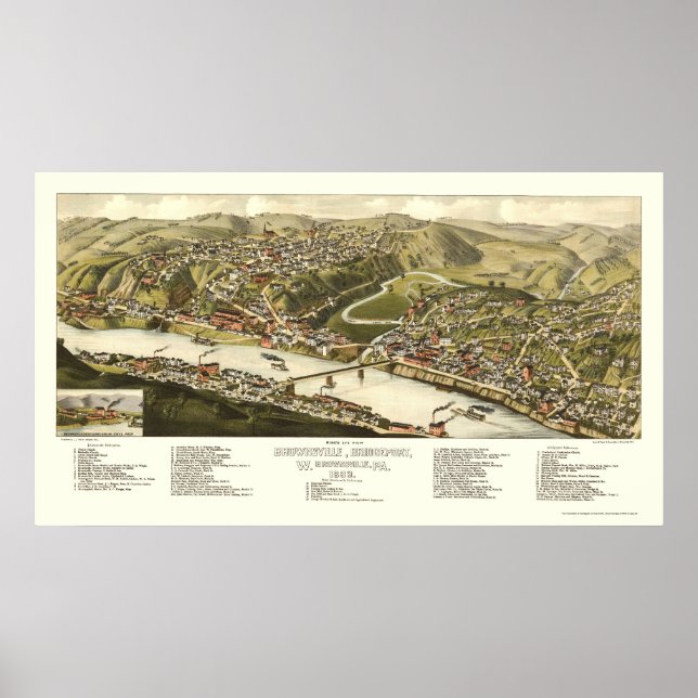 Brownsville, PA Panoramic Karta - 1883 Poster (Framsidan)