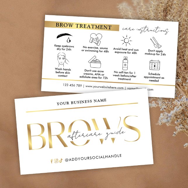 Brows Aftercare Instructions Glam White & Guld PMU Visitkort (elegant white and gold effects brows aftercare instructions cards)