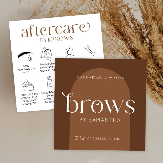 Brows eftervårdskort Modern Boho Terracotta Fyrkantigt Visitkort (Modern boho brows aftercare cards with icons and modern fonts)
