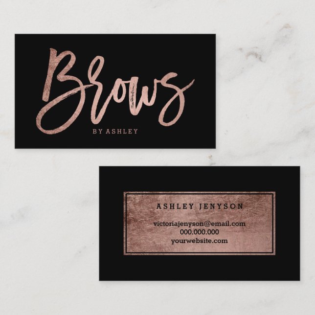 Brows elegant faux ro guld typografi black visitkort (Fram/baksida)
