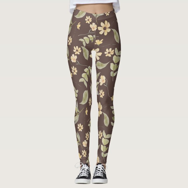 Brrown Whimsy Retro Blommönster  Leggings (Framsida)