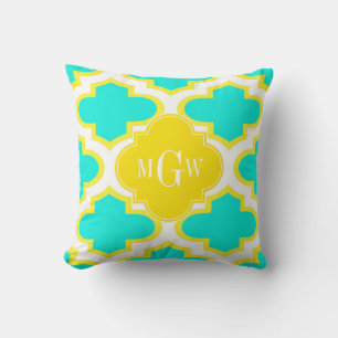 Brt Aqua Gul Hvit Quatrefoil 3 Initialer Monogram Kudde