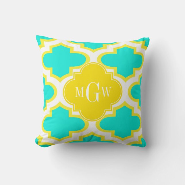Brt Aqua Gul Hvit Quatrefoil 3 Initialer Monogram Kudde (Framsida)