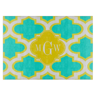 Brt Aqua Gult Wht Quatrefoil 3 Initial Monogram