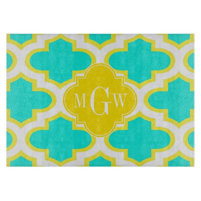 Brt Aqua Gult Wht Quatrefoil 3 Initial Monogram (Framsidan)
