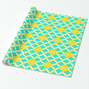 Brt Aqua Gult Wht Quatrefoil 3 Initial Monogram Presentpapper