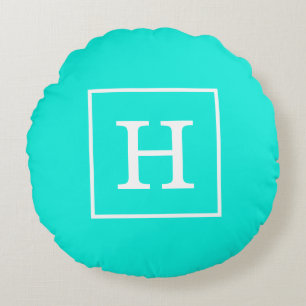 Brt Aqua Turquoise Vit Infattad Initial Monogram Rund Kudde