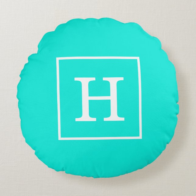 Brt Aqua Turquoise Vit Infattad Initial Monogram Rund Kudde (Framsidan)