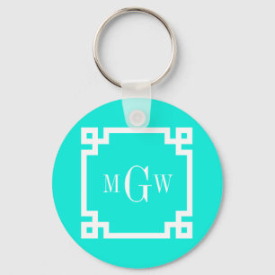 Brt Aqua Wht Grekiska Nyckel #2, 3-init Monogram Nyckelring