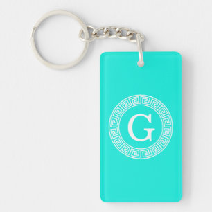 Brt Aqua Wht Grekiska Nyckel Rnd Ram Initial Monog