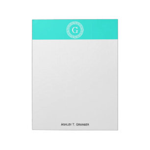 Brt Aqua Wht Grekiska Nyckel Rnd Ram Initial Monog Anteckningsblock