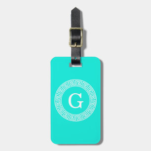 Brt Aqua Wht Grekiska Nyckel Rnd Ram Initial Monog Bagagebricka
