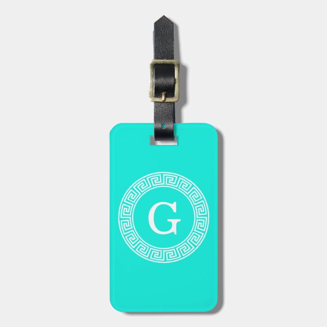 Brt Aqua Wht Grekiska Nyckel Rnd Ram Initial Monog Bagagebricka (Vertikal Framsida)