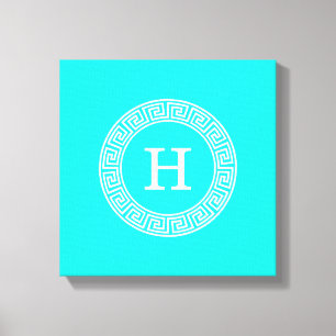 Brt Aqua Wht Grekiska Nyckel Rnd Ram Initial Monog Canvastryck