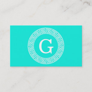 Brt Aqua Wht Grekiska Nyckel Rnd Ram Initial Monog Visitkort