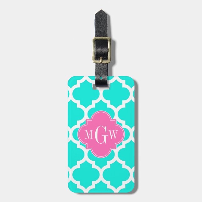 Brt Aqua Wht Moroccan #5 HotPink2 Initial Monogram Bagagebricka (Vertikal Framsida)
