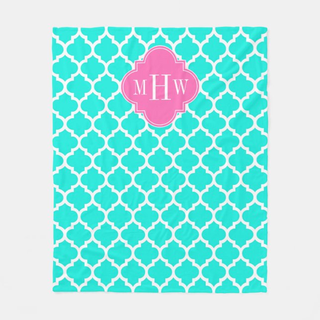 Brt Aqua Wht Moroccan #5 HotPink2 Initial Monogram Fleecefilt (Framsidan)