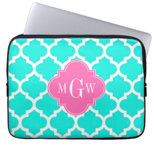 Brt Aqua Wht Moroccan #5 HotPink2 Initial Monogram Laptop Fodral