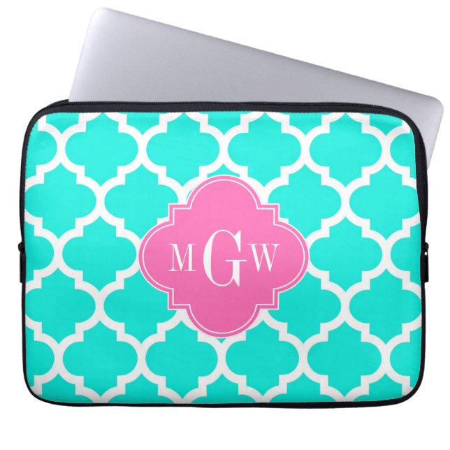 Brt Aqua Wht Moroccan #5 HotPink2 Initial Monogram Laptop Fodral (Framsidan)