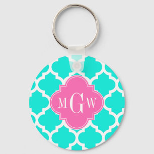 Brt Aqua Wht Moroccan #5 HotPink2 Initial Monogram Nyckelring