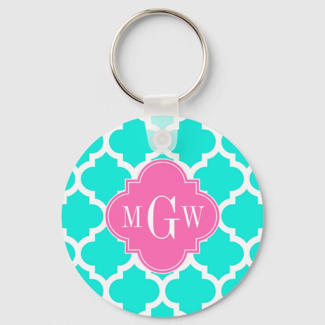 Brt Aqua Wht Moroccan #5 HotPink2 Initial Monogram Nyckelring (Framsida)