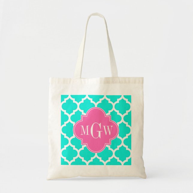 Brt Aqua Wht Moroccan #5 HotPink2 Initial Monogram Tygkasse (Framsidan)