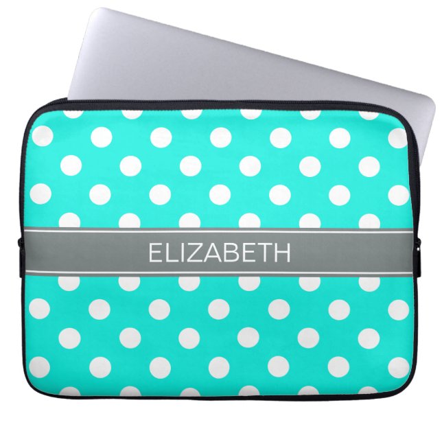 Brt Aqua Wht Polka dots #2 Grått Monogram Laptop Fodral (Framsidan)