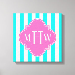 Brt Aqua Wt Rand HotPink#2 Quatrefoil 3 Monogram Canvastryck