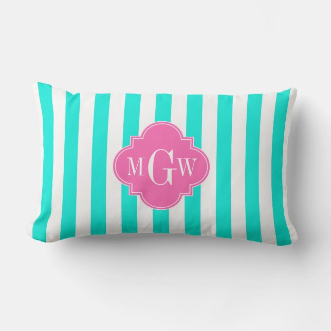 Brt Aqua Wt Stripe HotPink#2 Quatrefoil 3 Monogram Lumbarkudde (Framsida)