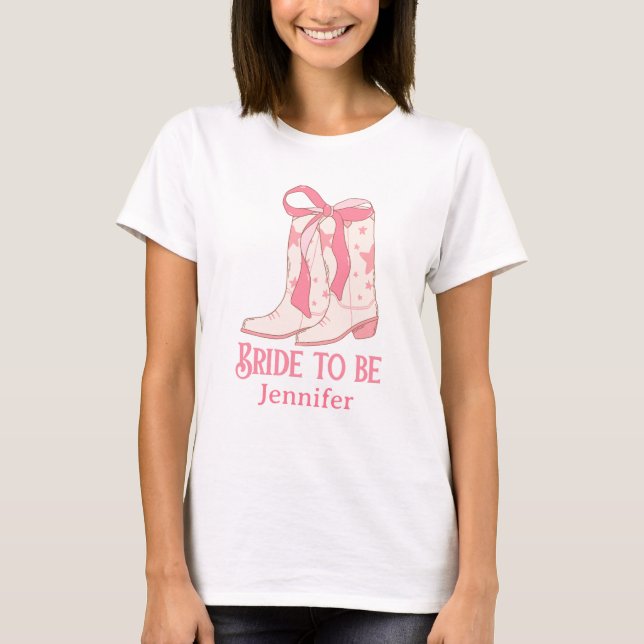 brud att bli, rosa cowgirlstövlar möhippa  t shirt (Framsida)