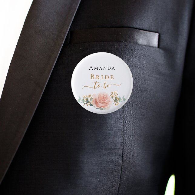Brud att bli rose gold floral eukalyptus grönska knapp (Skapare uppladdad)