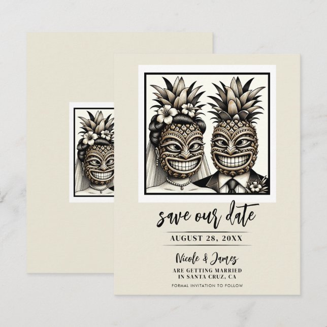 Brud & Brudgum Aloha Pineapple Tiki Save the Date  Inbjudningar (Fram/baksida)