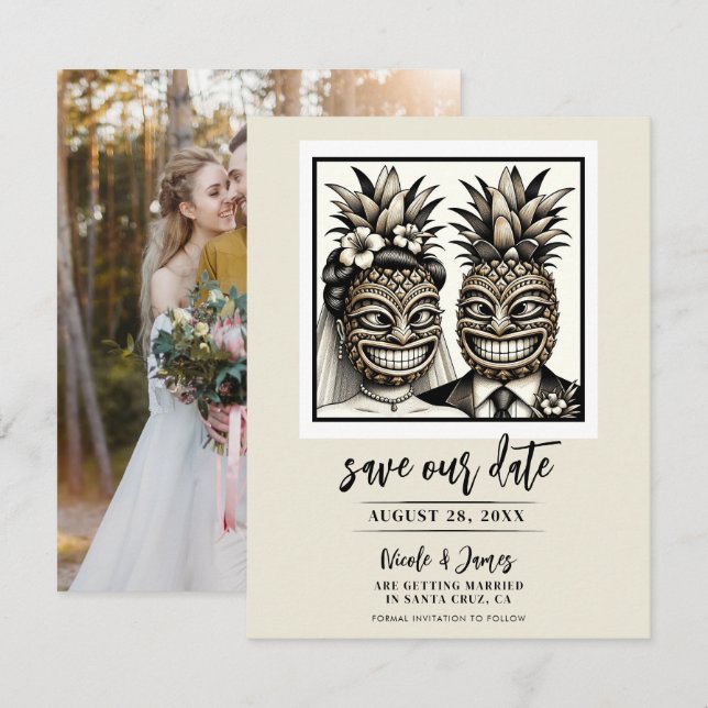 Brud & Brudgum Aloha Pineapple Tiki Spara datum  Inbjudningar (Fram/baksida)